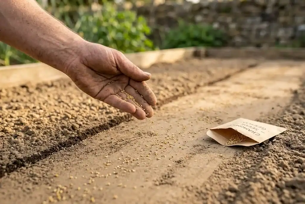 Hand scattering chamomile seeds thinly across a fine seedbed