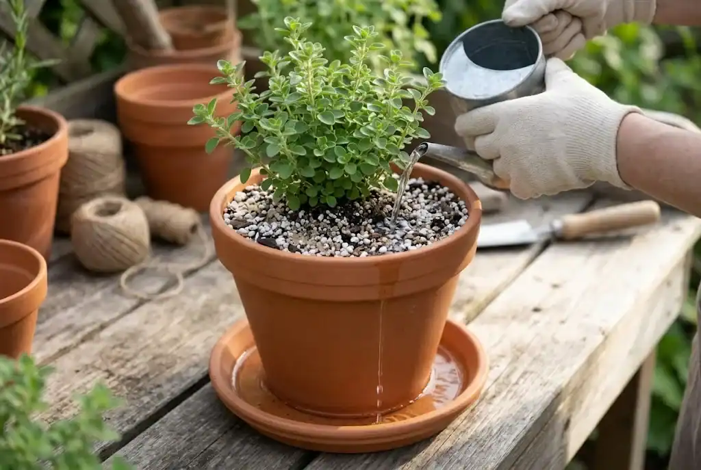 Water gently poured onto aerated potting mix in a terracotta pot with Greek oregano as water drains freely into the saucer below