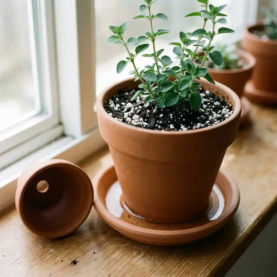 Terracotta herb pot with oregano and saucer showing clear drainage runoff alongside an empty pot displaying its drainage hole