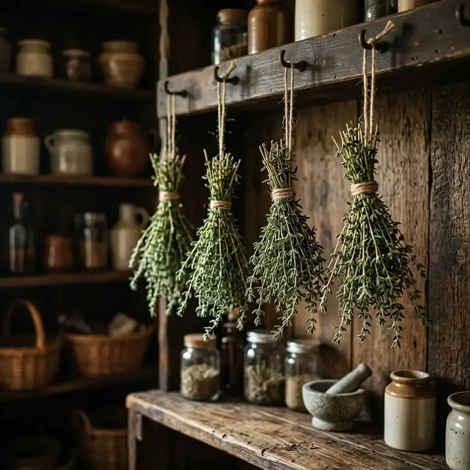 Small bundles of fresh-cut thyme sprigs hanging upside down in a kitchen pantry to dry