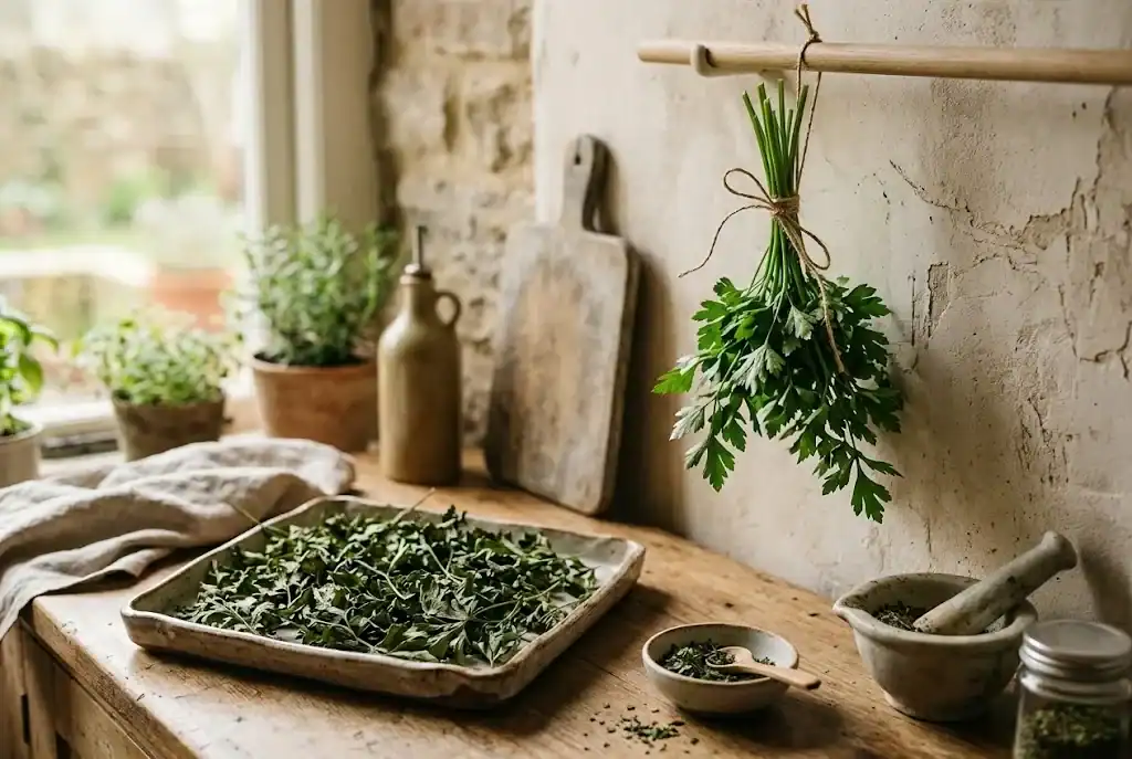 A small bundle of flat-leaf parsley air-drying beside a tray of crisp dried leaves