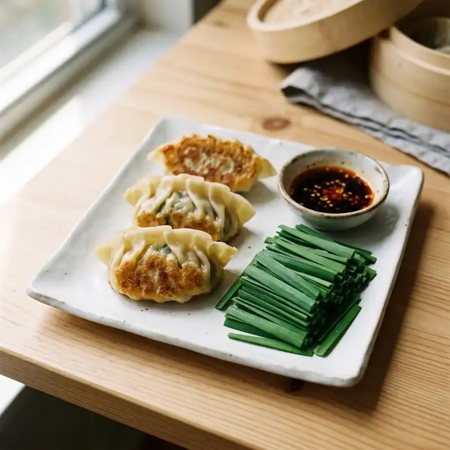 Three pan-fried dumplings on a plate with chopped garlic chives and a soy dipping sauce