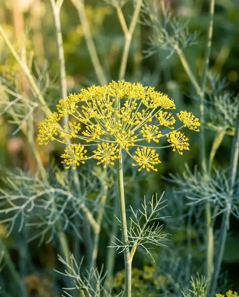 Single dill flower head in full yellow bloom with feathery fronds behind it