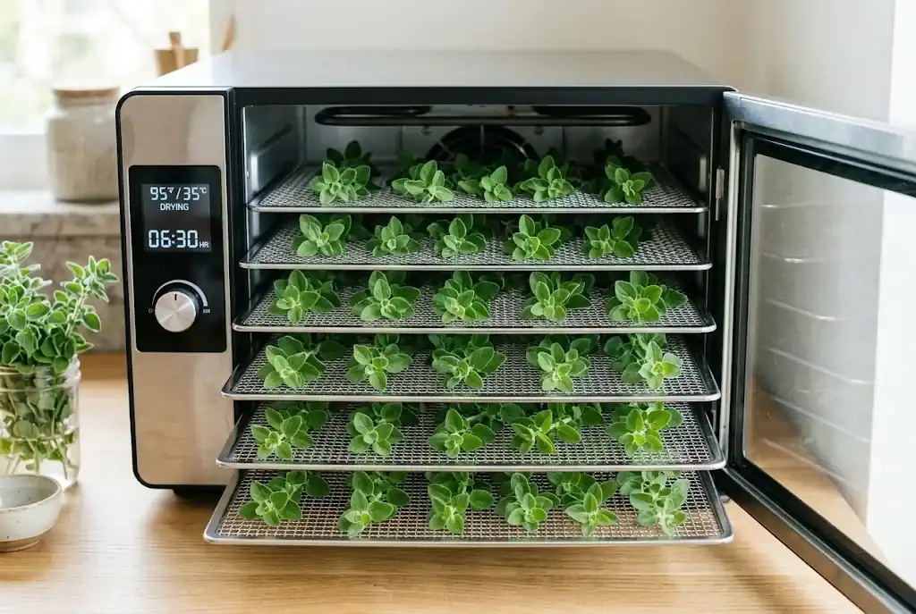 Fresh oregano sprigs arranged evenly across electric food dehydrator mesh trays for gentle drying