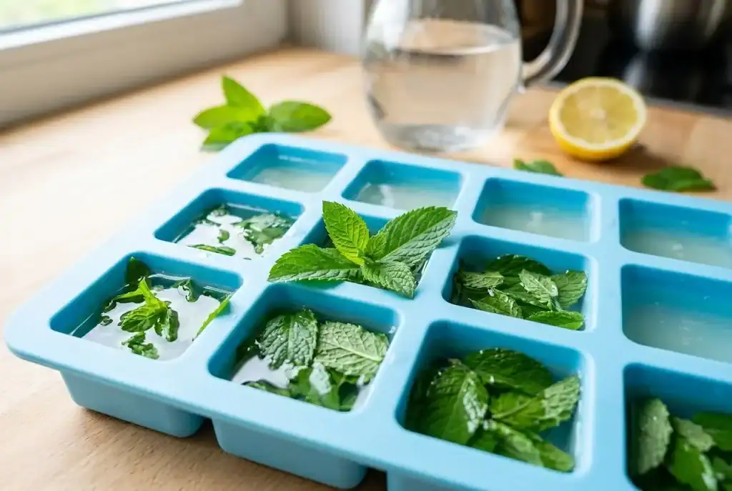 Silicone ice cube tray filled with chopped mint leaves and water ready to freeze