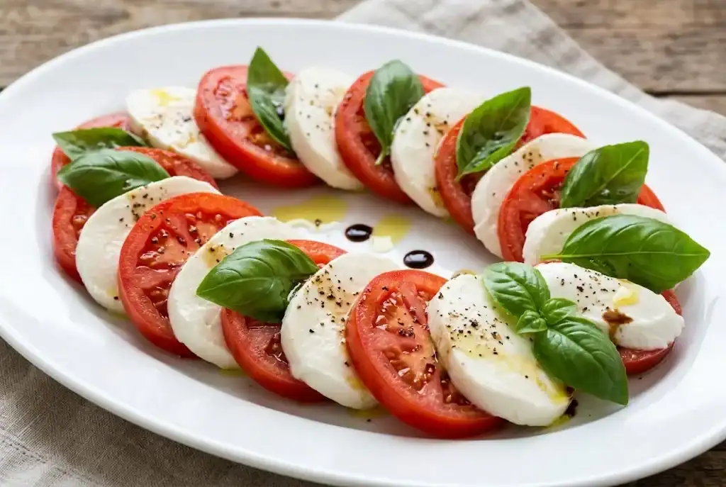 Classic Italian Caprese salad with alternating slices of ripe heirloom tomato, fresh mozzarella, and sweet basil leaves