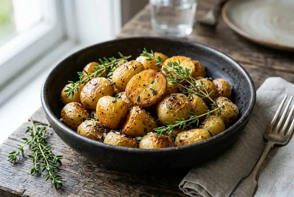 Golden roasted baby potatoes tossed with olive oil, sea salt, and fresh thyme leaves in a bowl