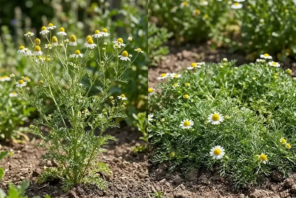 German chamomile with tall branching stems and hollow cones beside low-growing Roman chamomile groundcover