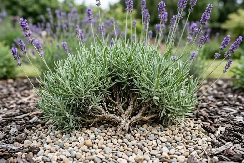 Pale gravel mulch surrounding the woody crown of an established English lavender