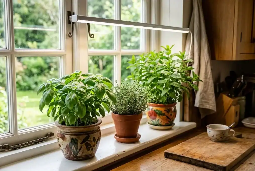 Thriving indoor windowsill herb garden with potted basil and thyme under LED grow light