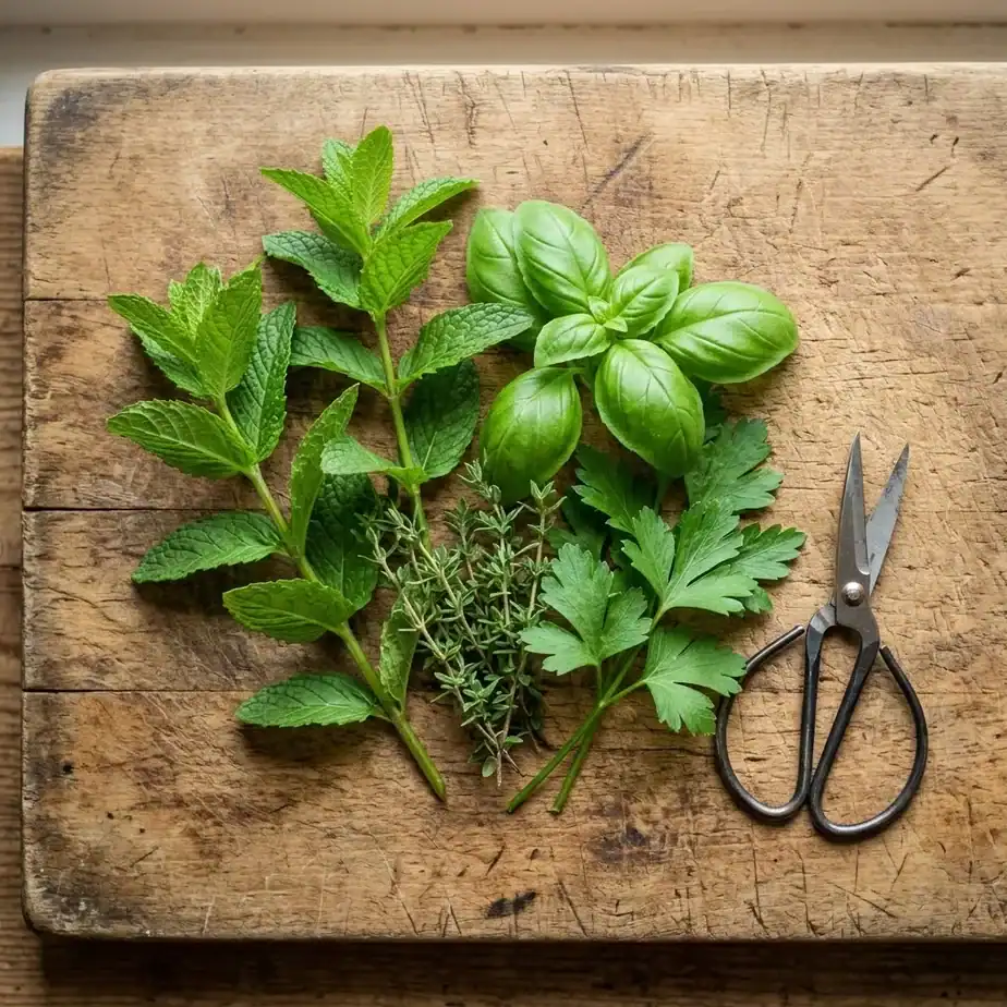 An overhead photo of freshly cut sprigs of basil, mint, thyme, and parsley on a wooden cutting board with kitchen scissors