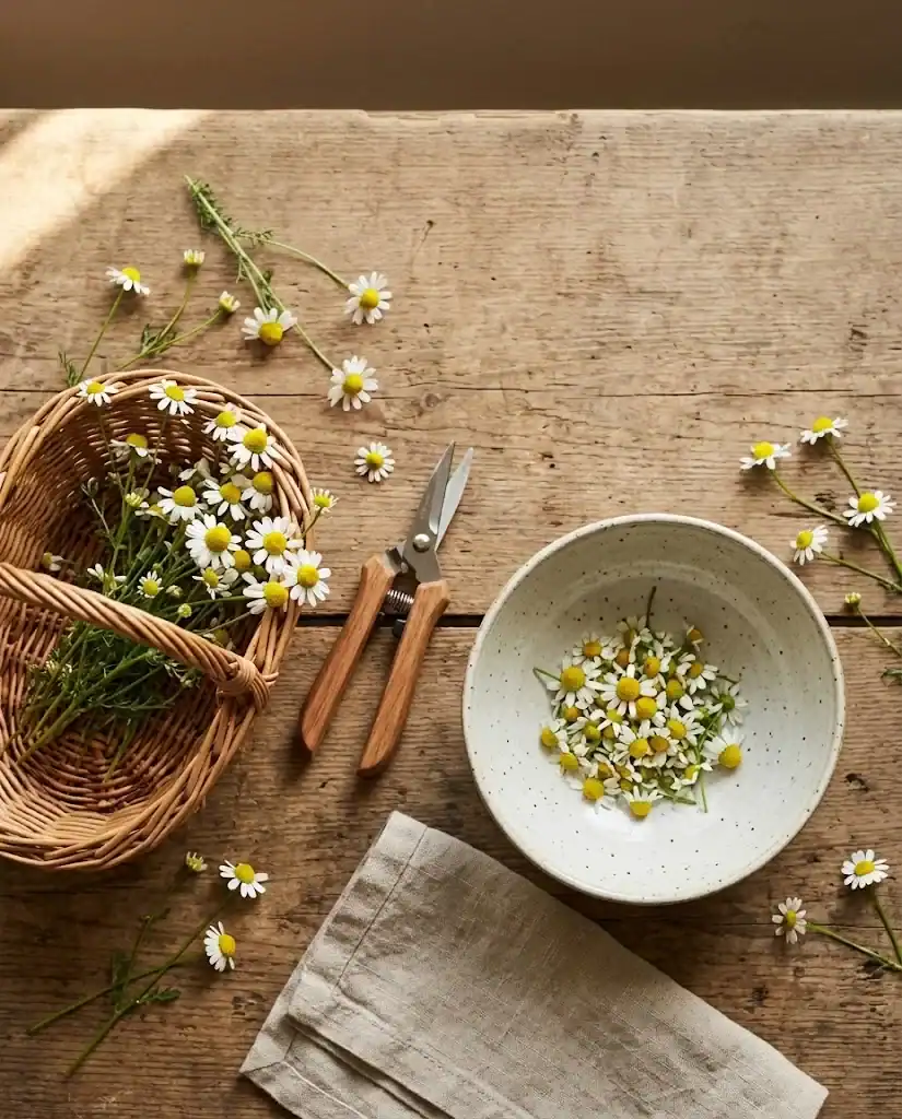 A flat lay of chamomile harvest tools on a wooden surface: small pruning snips, a shallow basket, a linen napkin, and a few freshly picked blooms