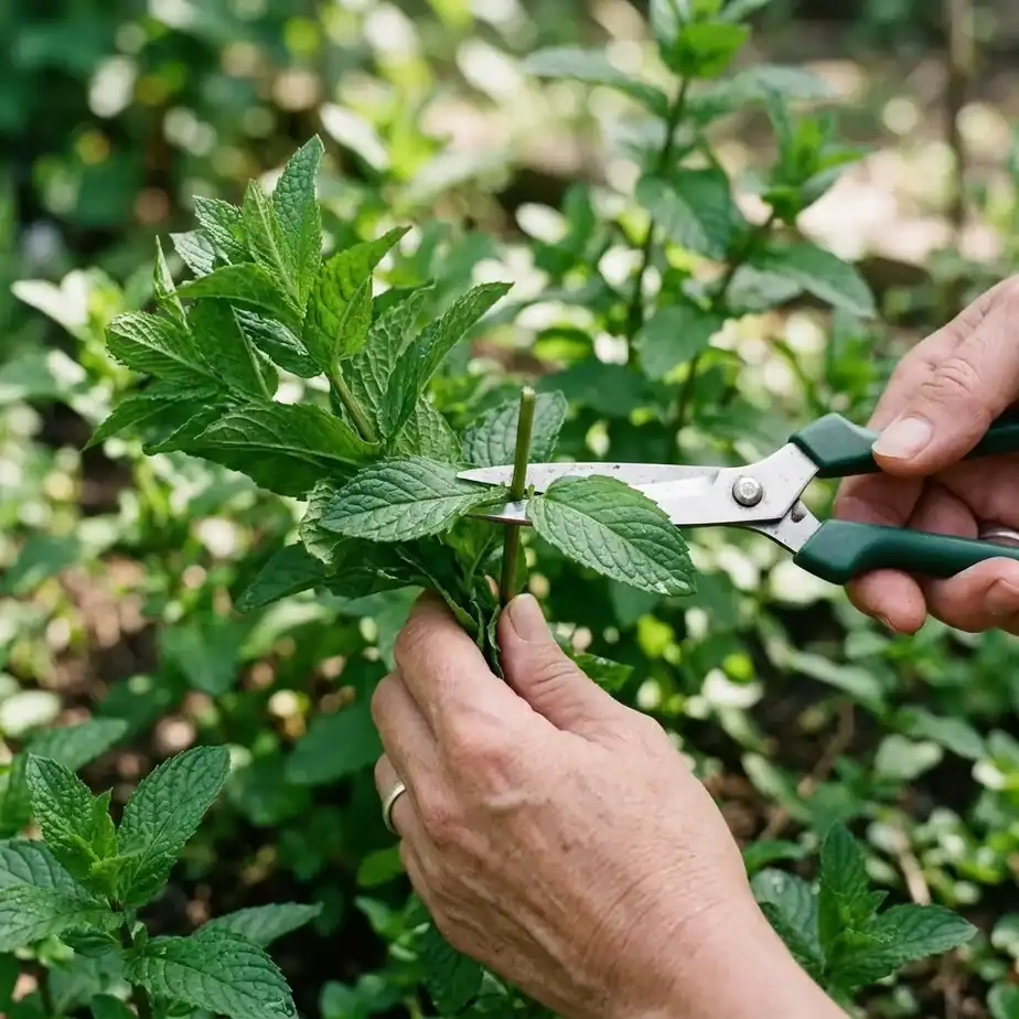 A hand holding a small bunch of fresh mint leaves while clean garden snips cut just above a leaf pair, photographed outdoors in soft natural light