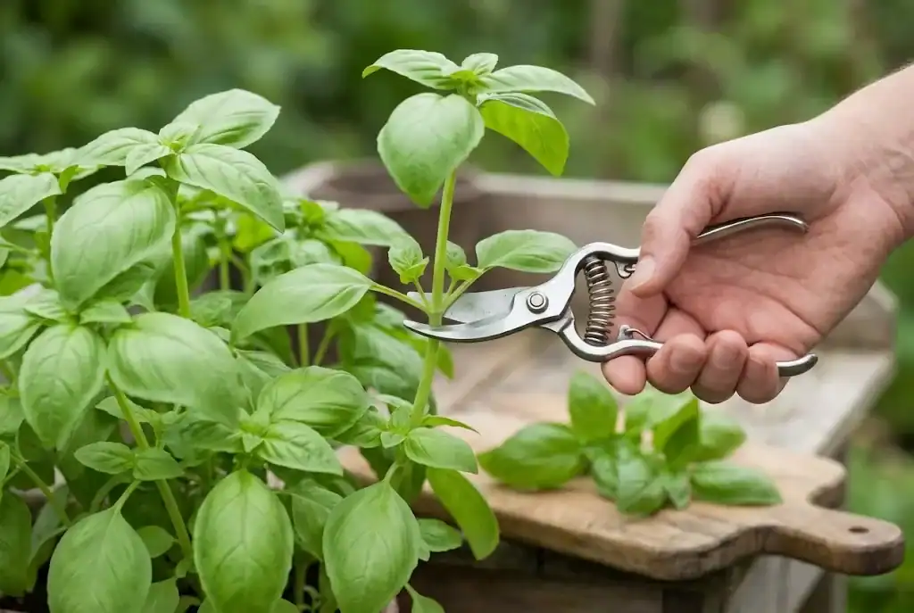 Garden snips cutting a basil stem just above a leaf pair with a few already-cut sprigs on a cutting board