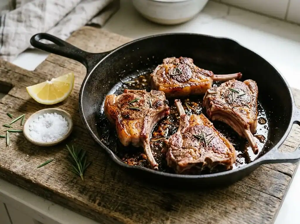 Cast iron skillet with seared rosemary lamb chops, lemon wedge, and flaky salt
