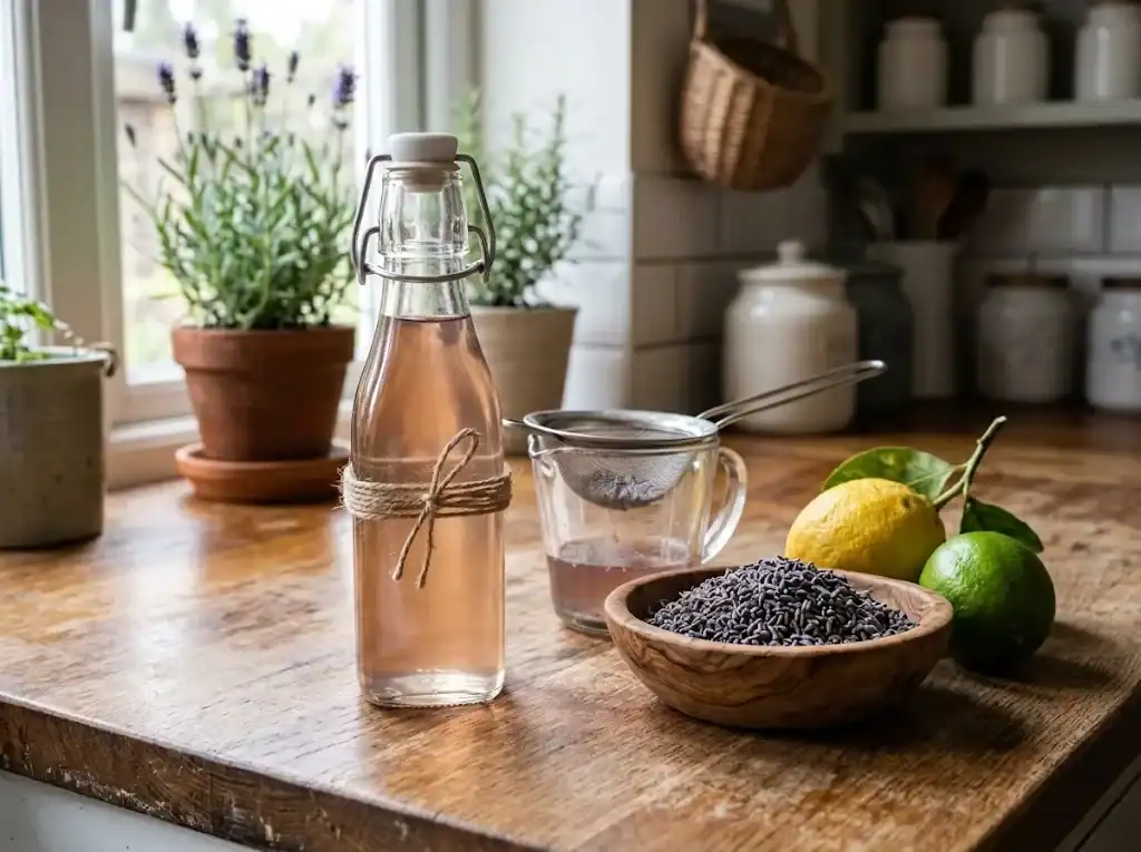 Clear glass bottle of homemade lavender simple syrup with swing top on a counter beside a strainer and dried lavender buds