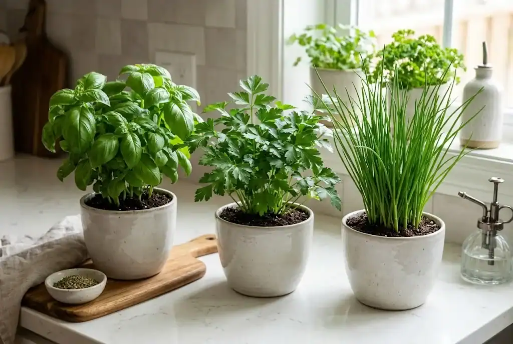 Lush potted sweet basil, flat-leaf parsley, and chives growing in modern indoor planters