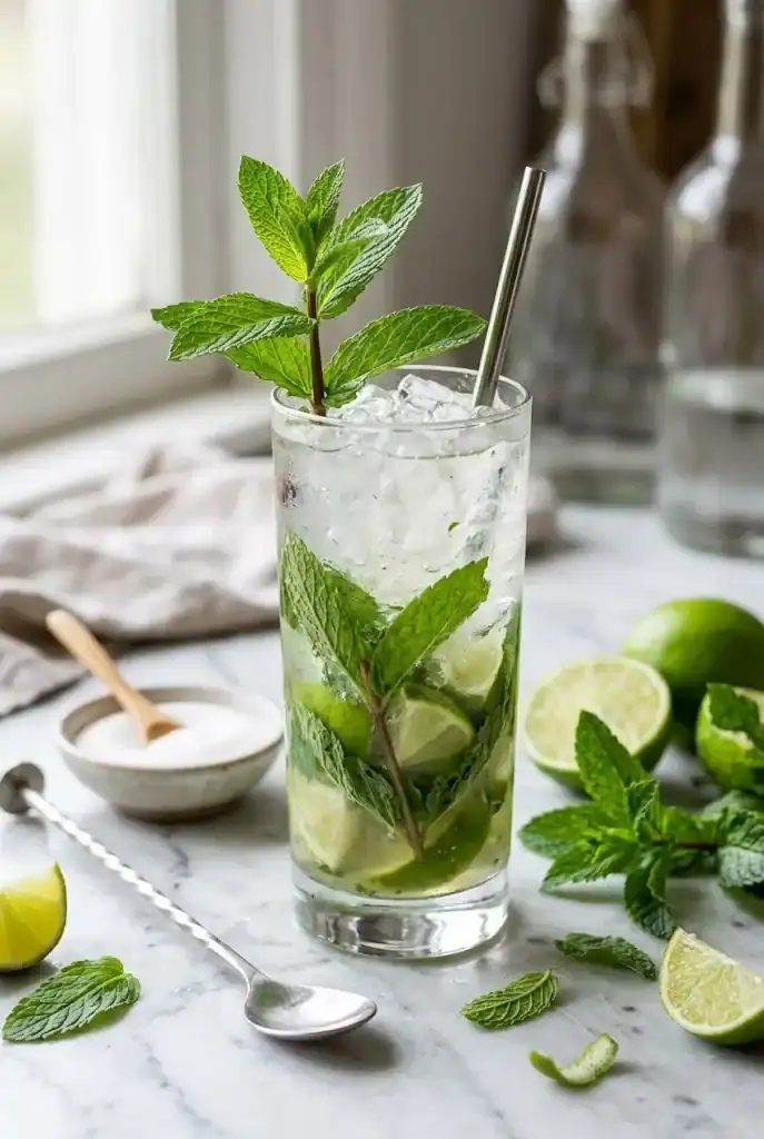 Tall clear highball glass of crushed ice mojito with muddled spearmint and lime, garnished with a mint sprig on a light marble surface