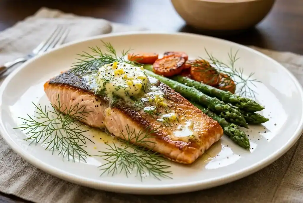 A pan-seared salmon fillet topped with melting lemon-dill compound butter, served alongside steamed asparagus and roasted carrots