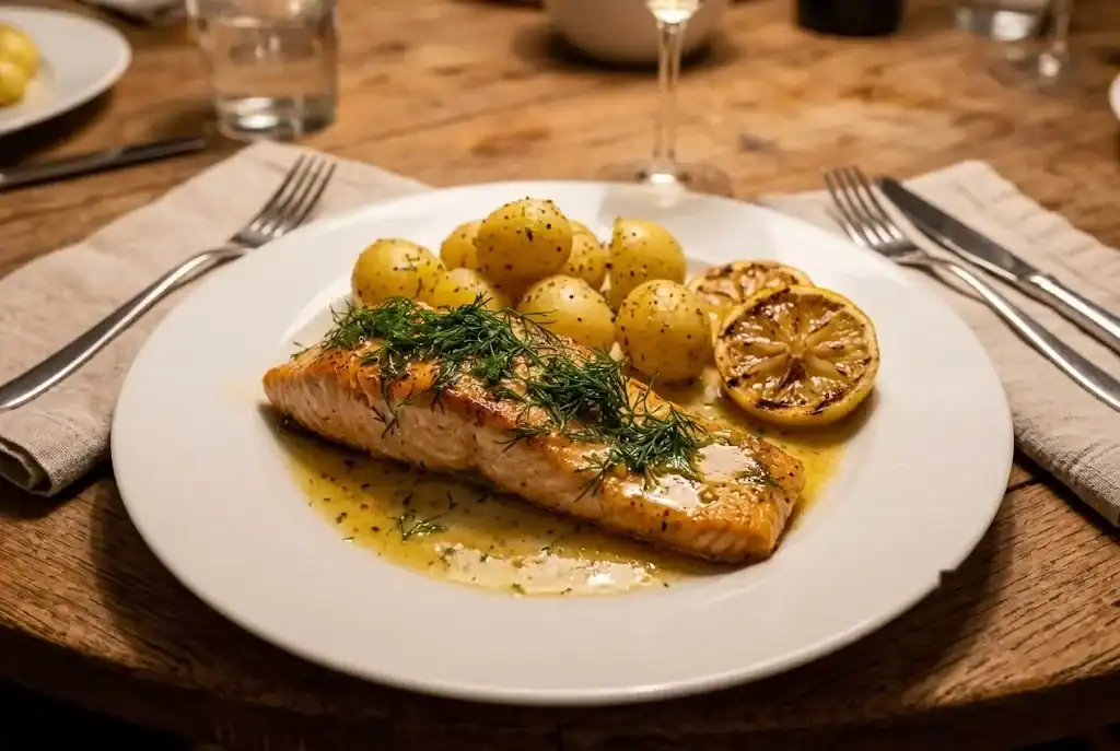 Golden pan-seared salmon fillet topped with lemon garlic dill butter
