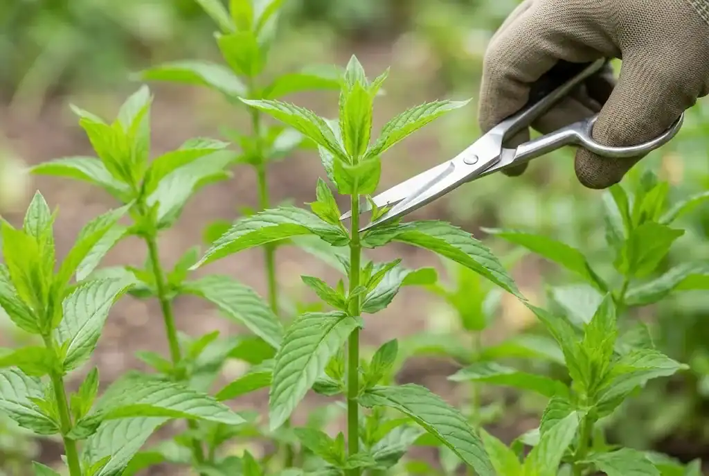 Herb shears gently trimming the top leaf node of an upright spearmint stem to encourage bushy growth