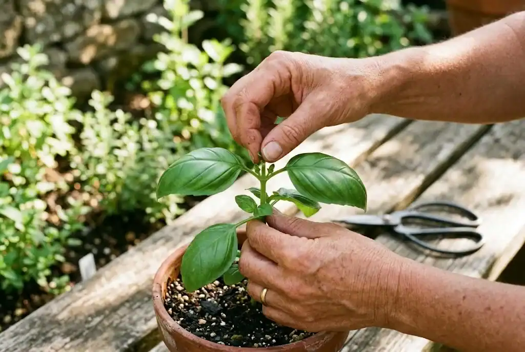 Gardener hands pinching the stem of a basil plant just above a leaf pair to encourage branching