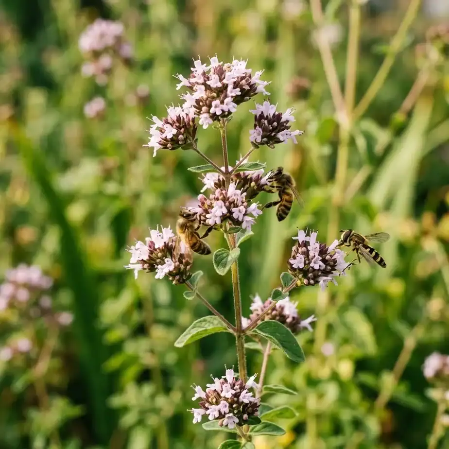 Honeybee and hoverfly feeding at pinkish-white oregano flowers on a square stem
