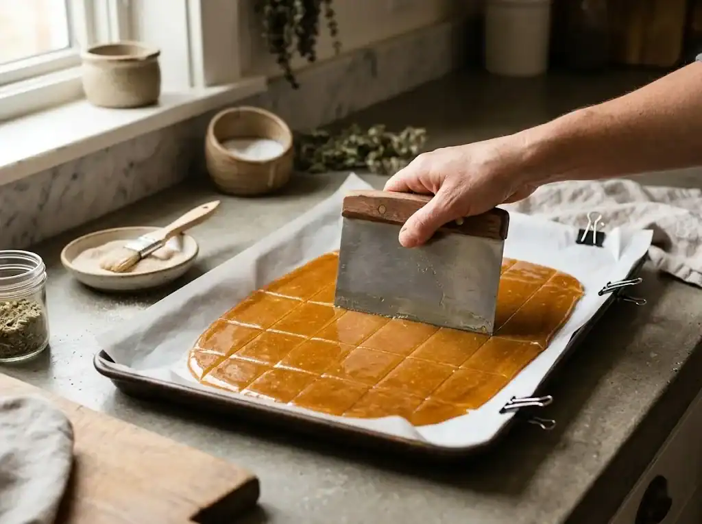 Hot amber horehound candy being scored into squares on parchment