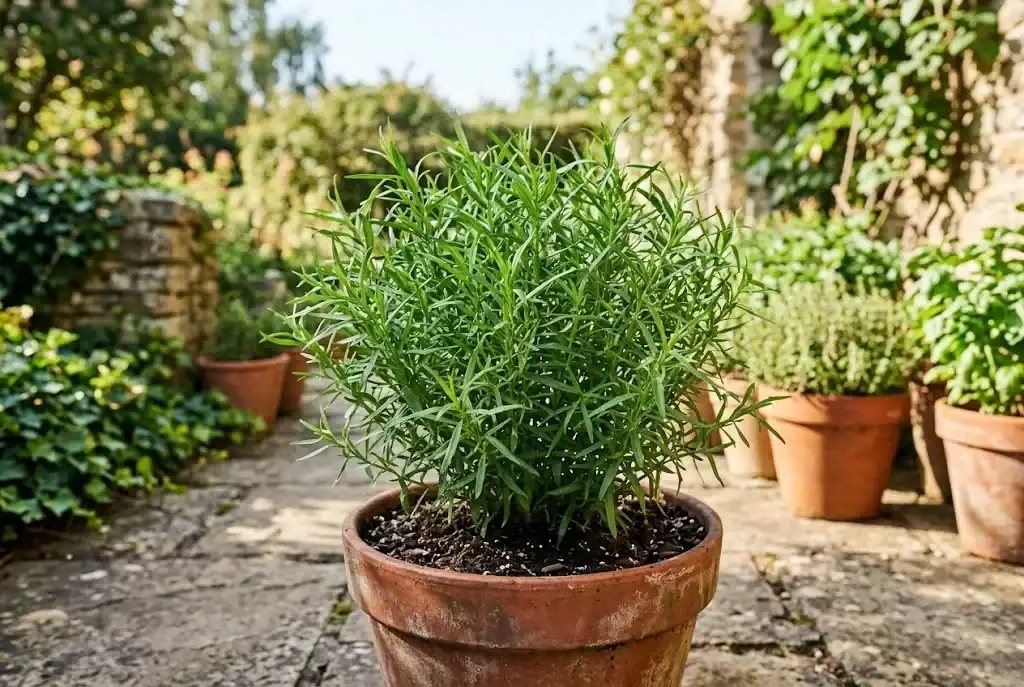 Bushy potted French tarragon showing dense lateral branching