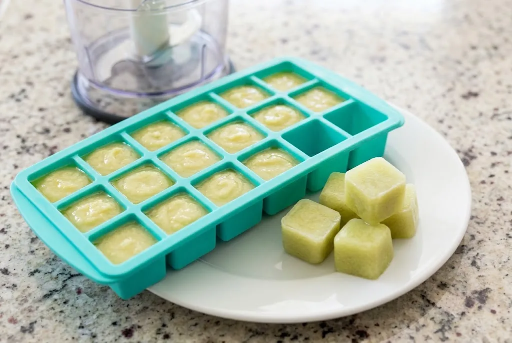 Pureed culinary lemongrass paste in a silicone ice cube tray and popped-out frozen portion cubes