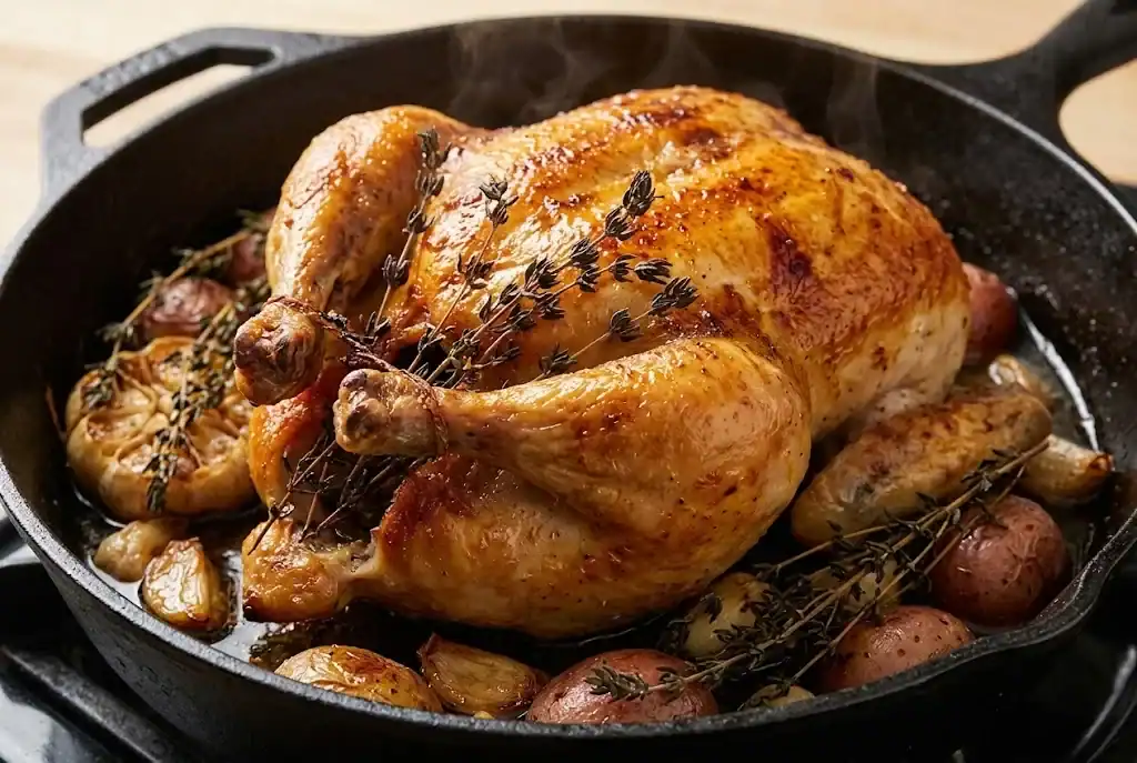 Crispy roasted chicken in a cast iron skillet garnished with fresh thyme sprigs and roasted garlic cloves