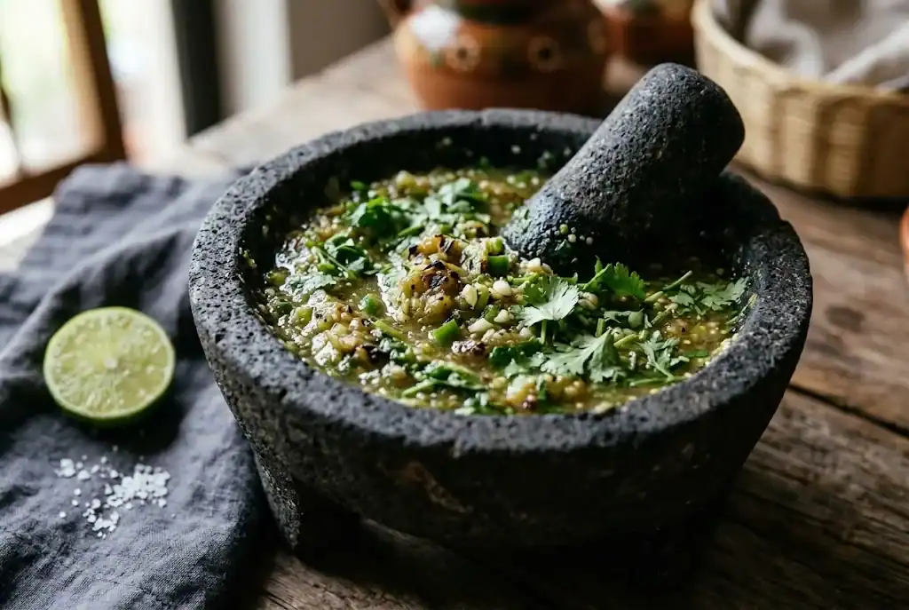Roasted tomatillo salsa verde with charred flecks and fresh cilantro in a dark ceramic bowl