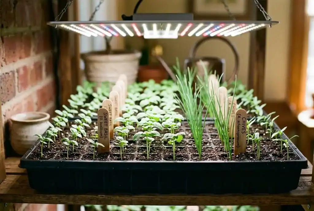 Herb seedlings and emerging green sprouts in seed trays under LED grow lights