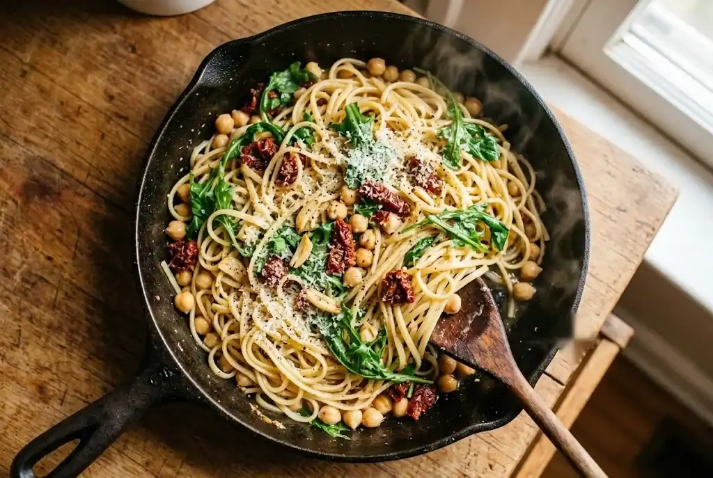 A skillet of linguine tossed with wilted arugula, chickpeas, and sun-dried tomatoes, finished with grated Parmesan