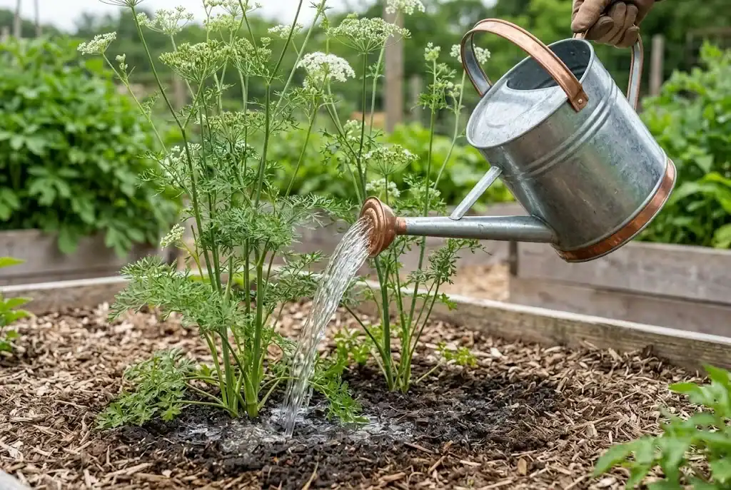 Watering established anise plants at the root base with a watering can