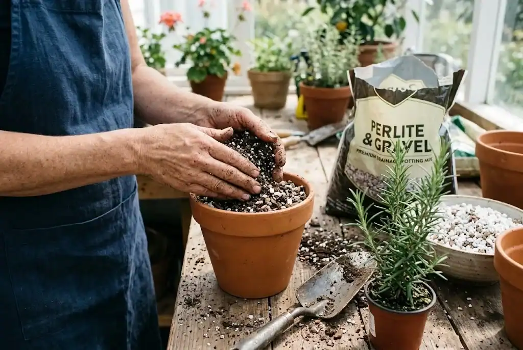 Gardener's hands working gritty potting mix with perlite and gravel into a terracotta pot beside a young rosemary seedling