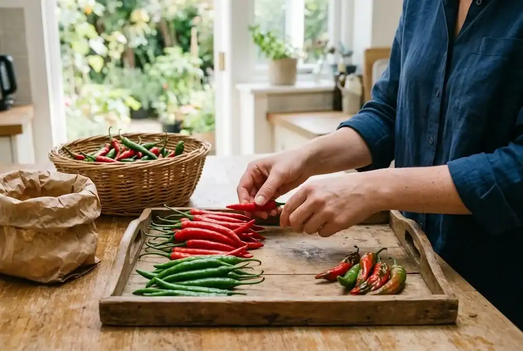 Freshly harvested chilies being sorted to remove soft or damaged pods before storage