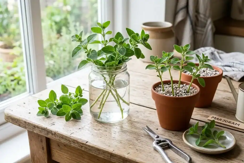 Sweet marjoram stem cuttings prepared for rooting in moist potting medium