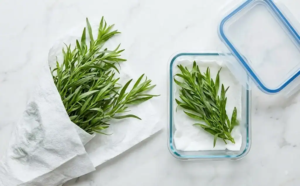 Hands chopping fresh tarragon leaves with a kitchen knife