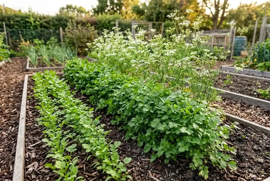 Succession planting rows of coriander at different stages of growth in garden beds