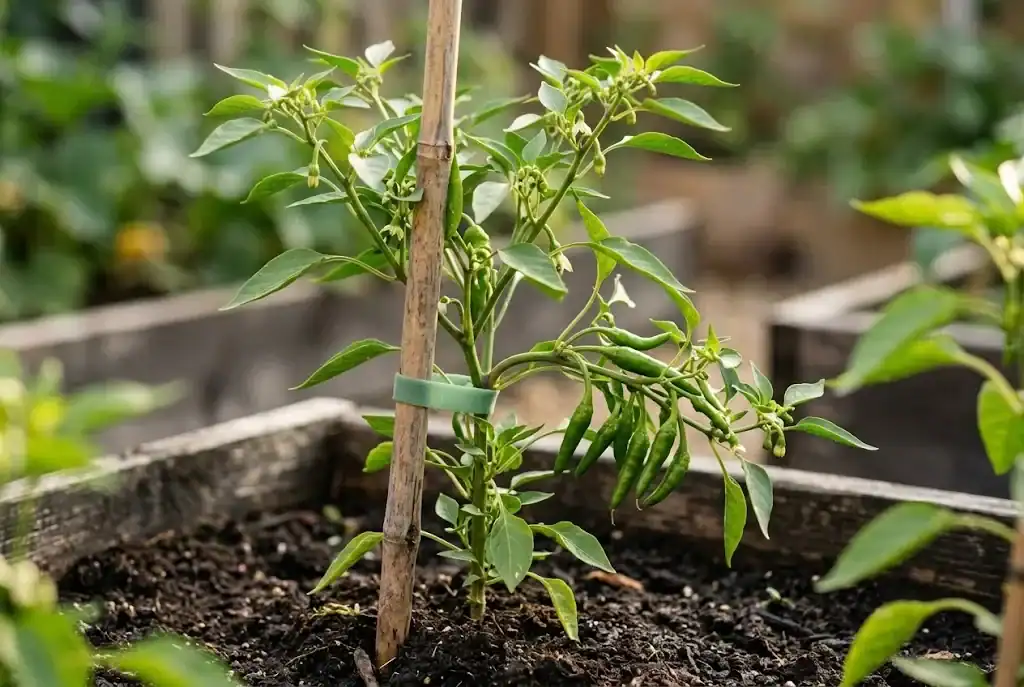 Young chili plant supported by a single bamboo cane and a soft tie in a raised bed