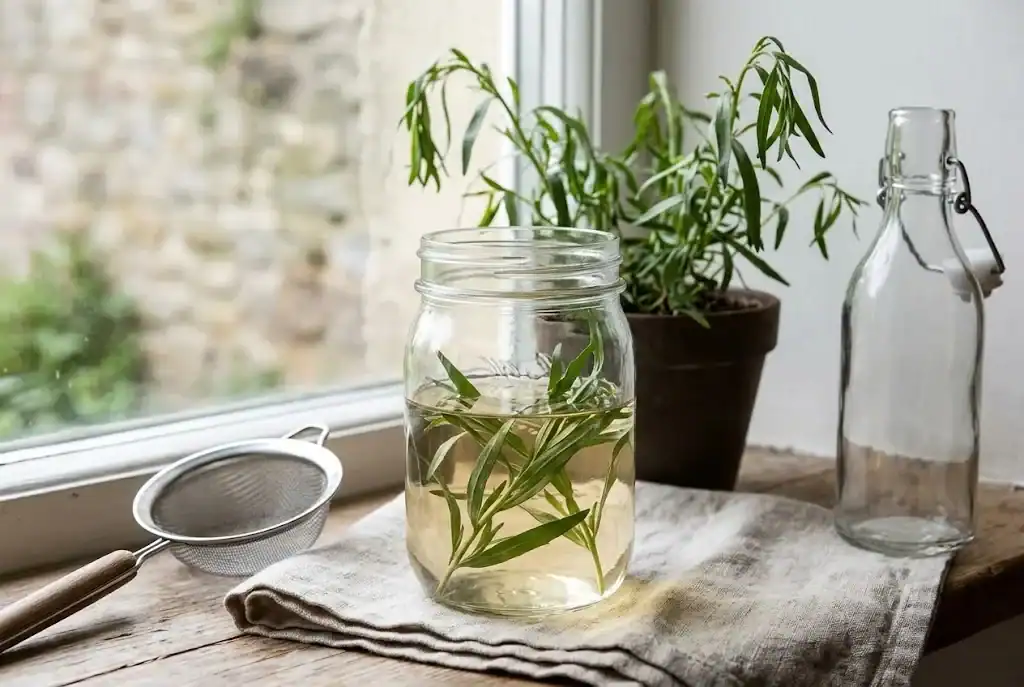 Glass jar of white wine vinegar with fresh tarragon sprigs steeping inside, sitting on a wooden kitchen counter