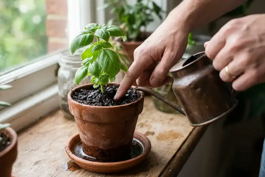 Hand pressing a finger into the potting mix of a terracotta herb pot to test moisture, with a watering can nearby