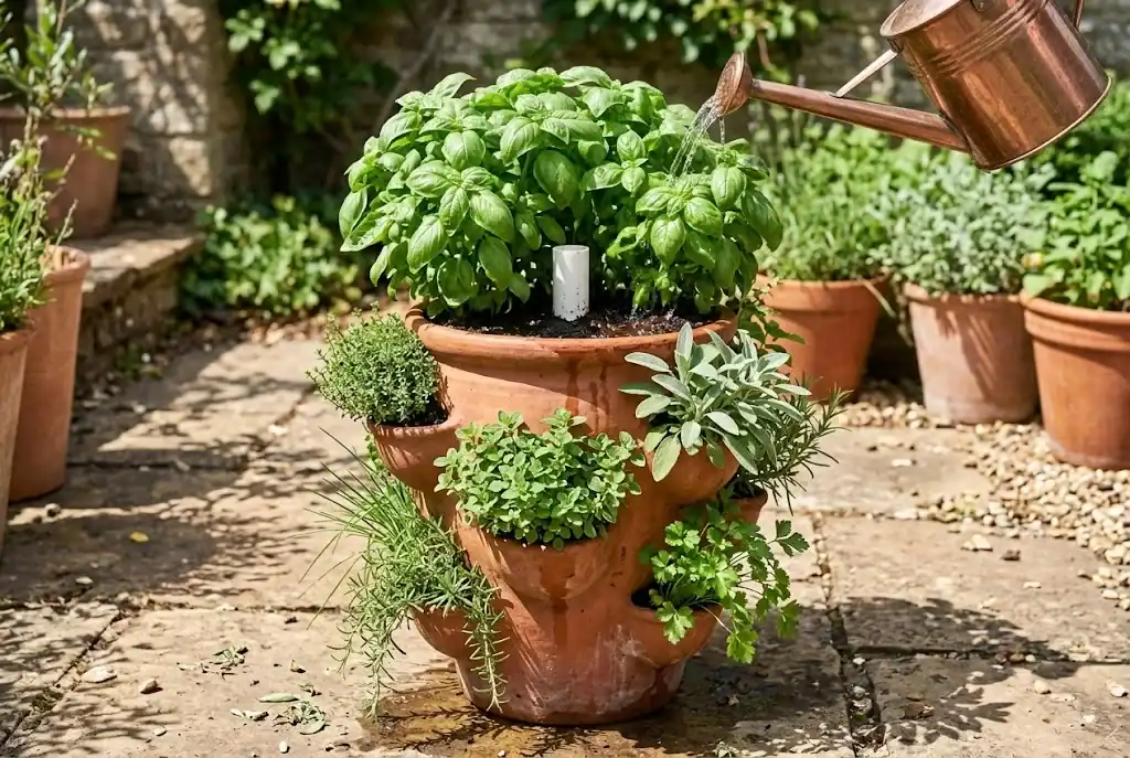 Gardener watering a fully planted strawberry pot from the top with a copper watering can