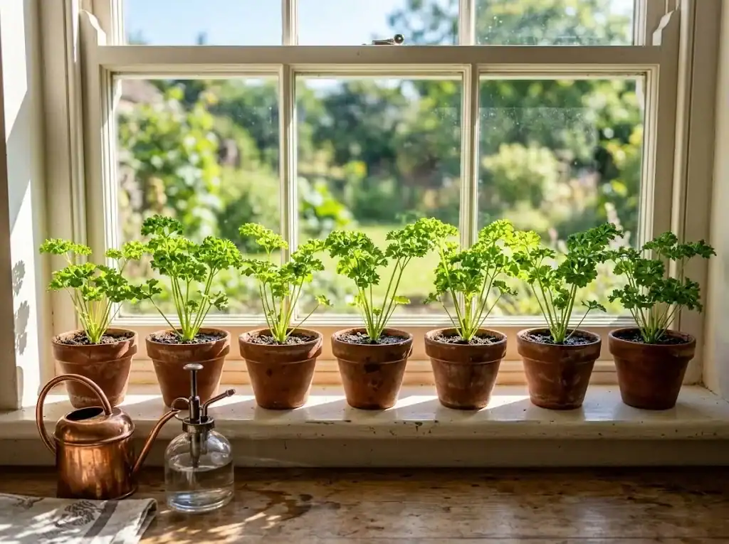 Small parsley plants in matching terracotta pots on a sunny kitchen windowsill