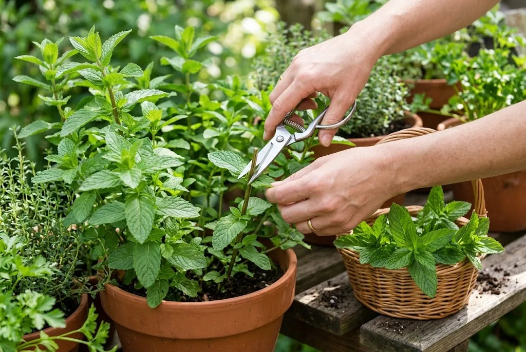 Garden shears cleanly trimming a leafy mint stem above a leaf node