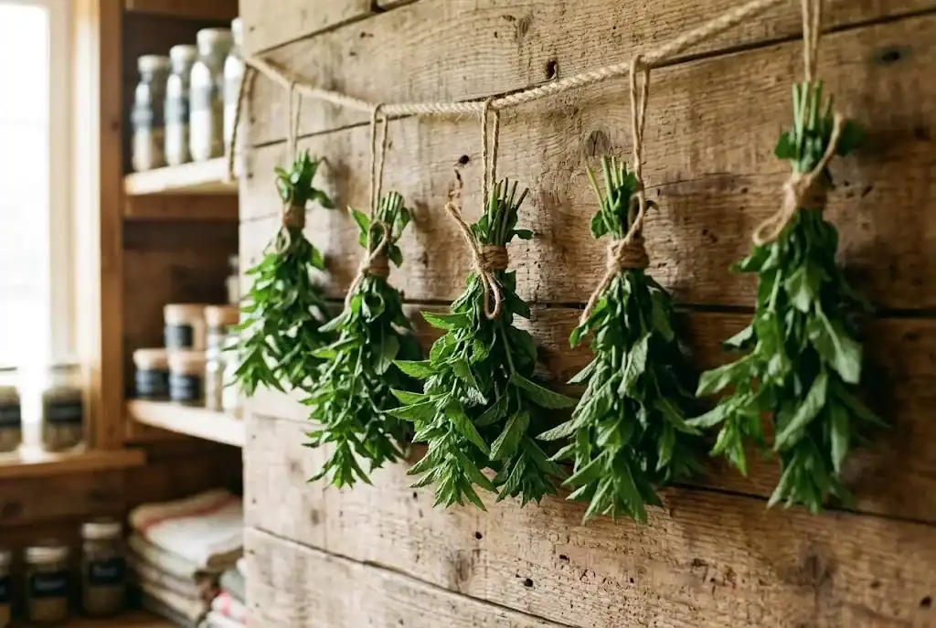 Small bundles of fresh mint stems tied with twine hanging upside down to dry