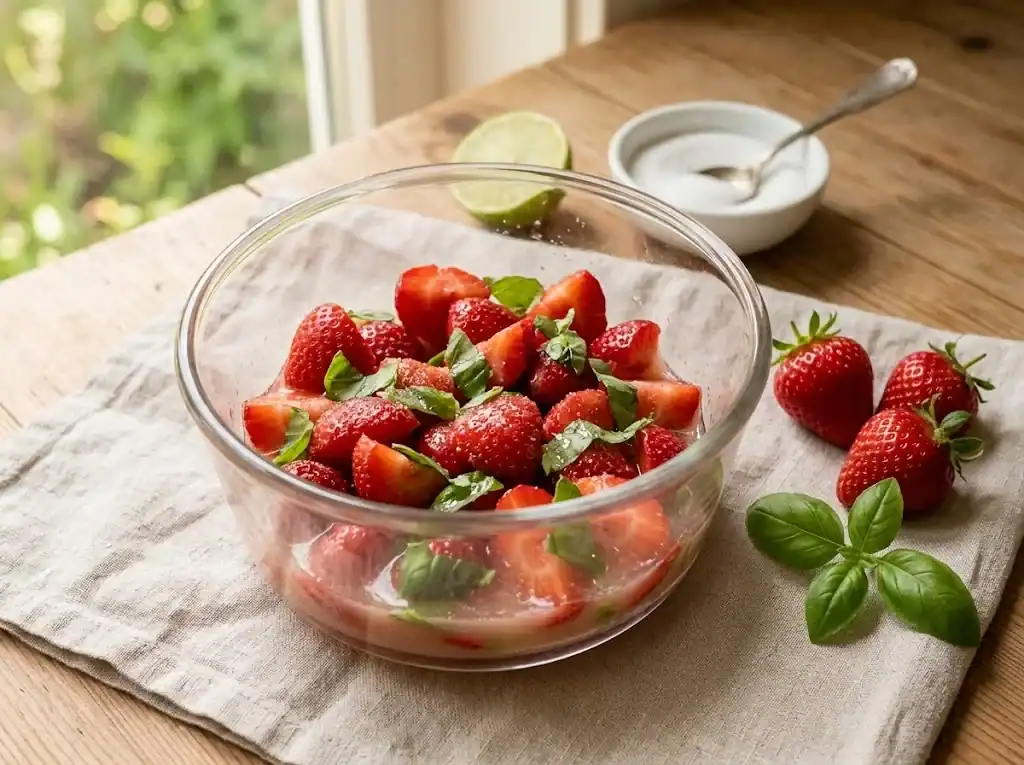 A glass bowl of quartered strawberries macerating with torn sweet basil leaves, a few whole strawberries and a sprig of basil resting on a pale linen napkin beside it