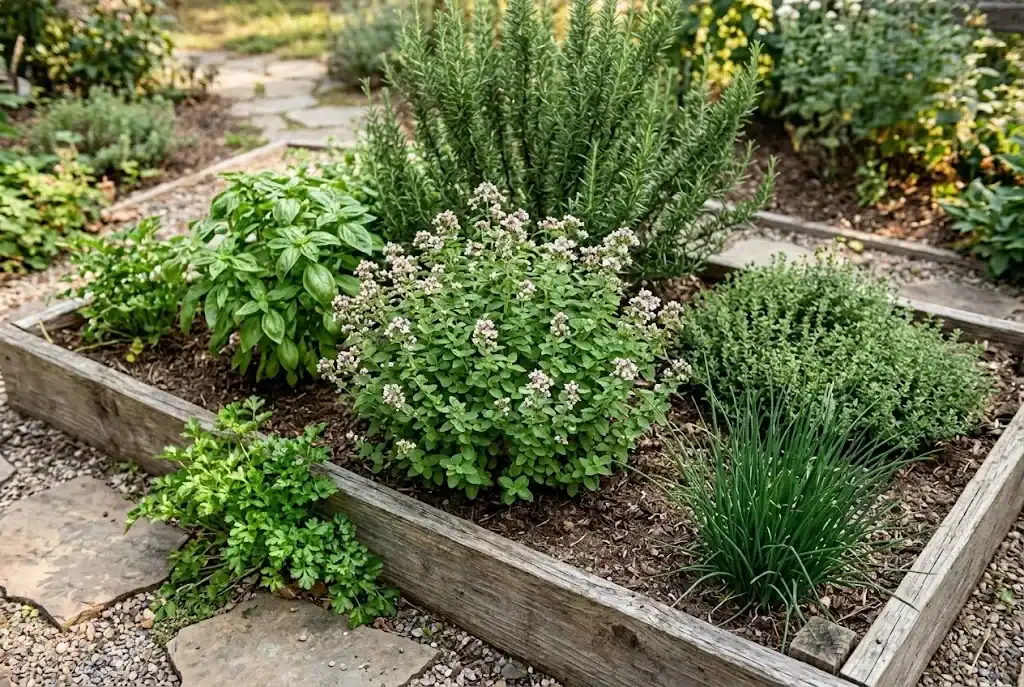 Small raised herb bed with oregano at center, rosemary behind, basil and thyme to the sides