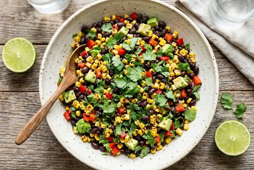 Colorful black bean and roasted corn salad tossed with diced avocado, red pepper, and freshly chopped cilantro